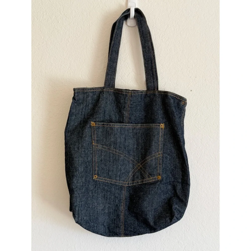 Dark Wash Denim Tote Bag with Exterior Pocket and Contrast Stitching